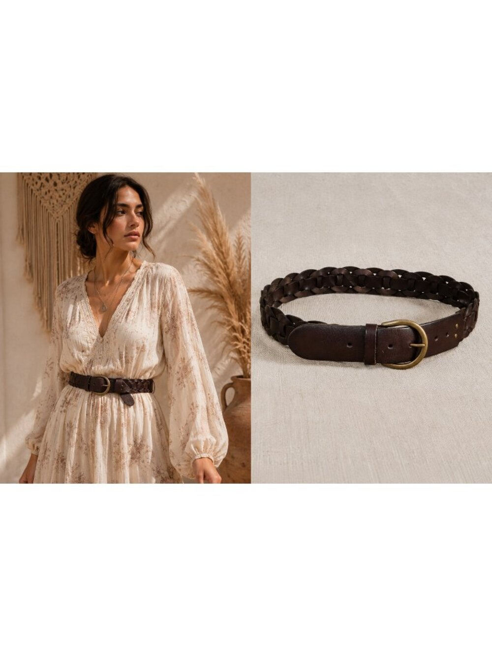 American Eagle Outfitters Women's Brown Genuine Leather Braided Link Belt Brass